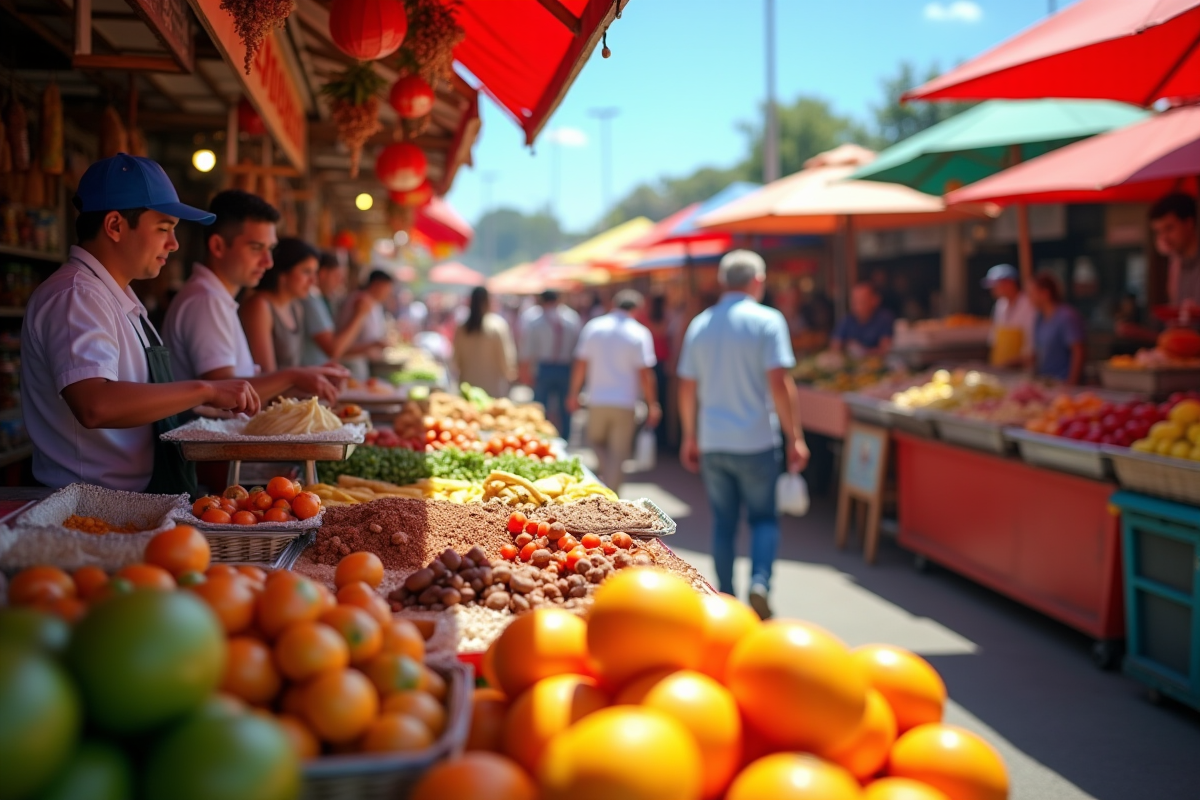 Marché de rue animé avec stands de nourriture colorés et fruits frais