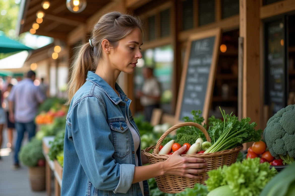 Femme examinant un panier de légumes bio au marché