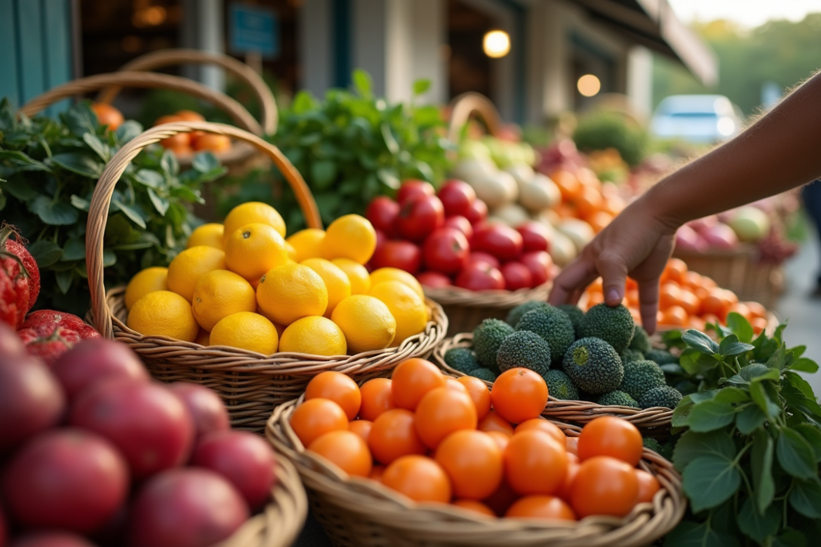 Stand de marché bio avec fruits et légumes frais