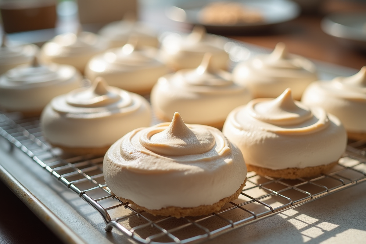 Meringues dacquoise refroidissant sur grille en lumière naturelle
