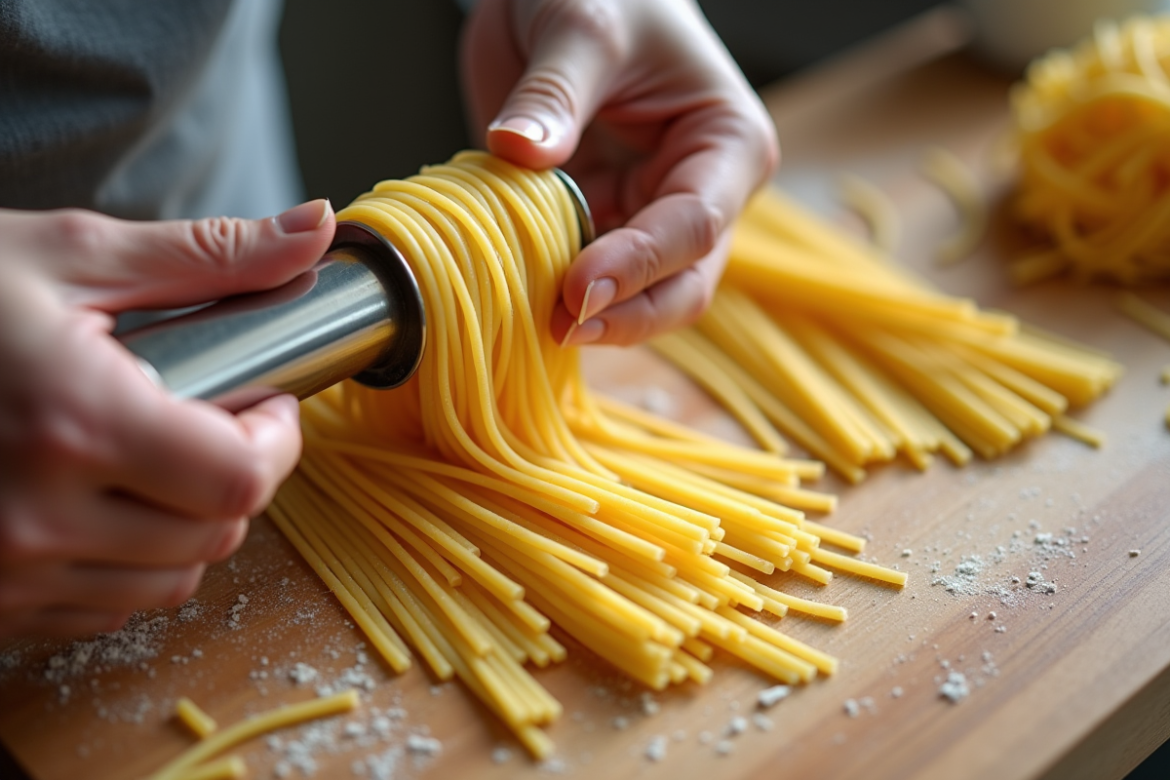 Vue de dessus d'une cuisine avec main mesurant des pâtes sèches