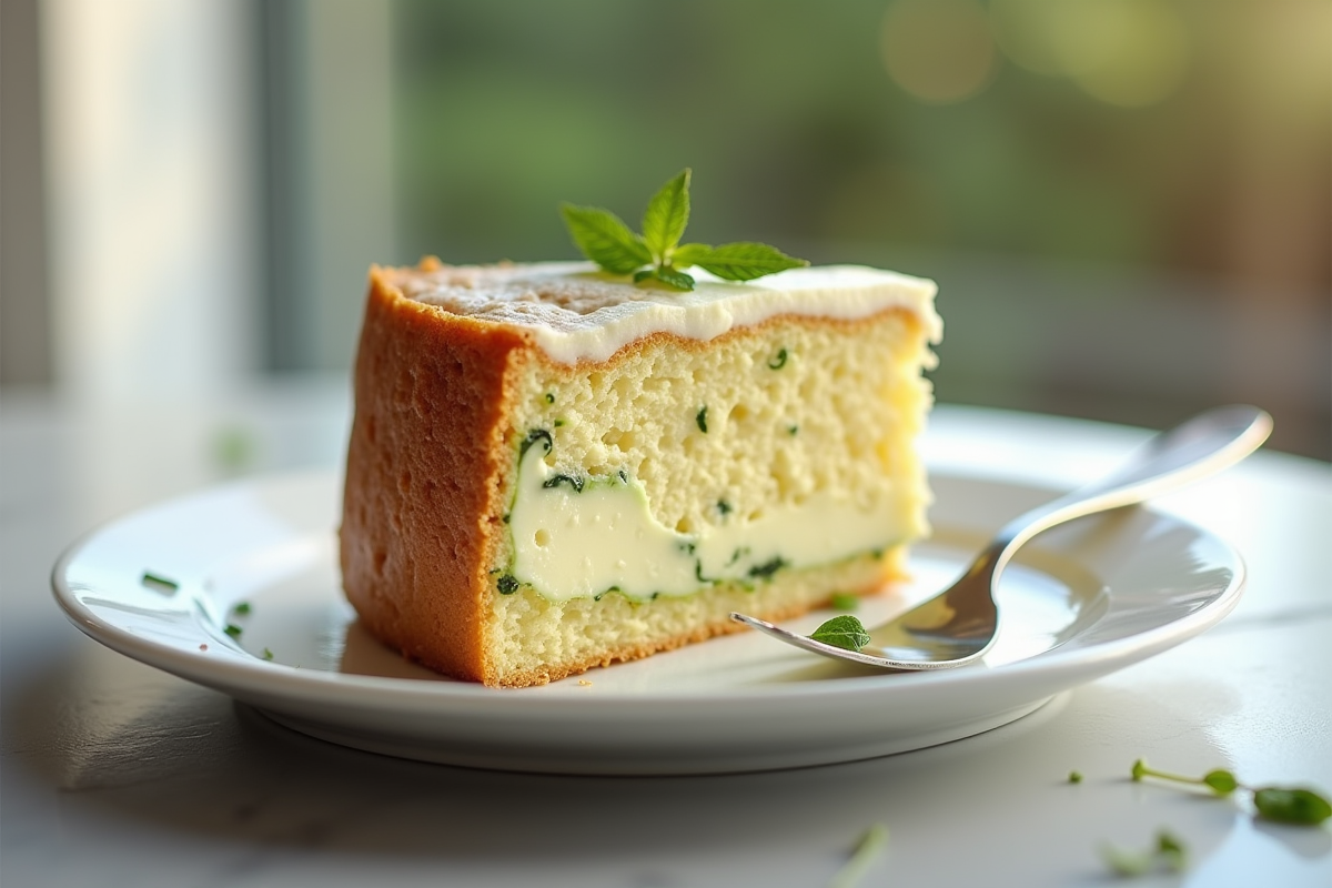 Tranche individuelle de gâteau courgette et chèvre sur assiette blanche