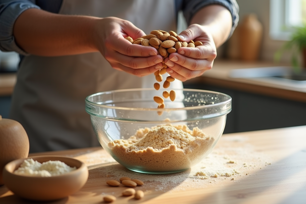 Mains de boulanger versant des amandes dans un bol en bois