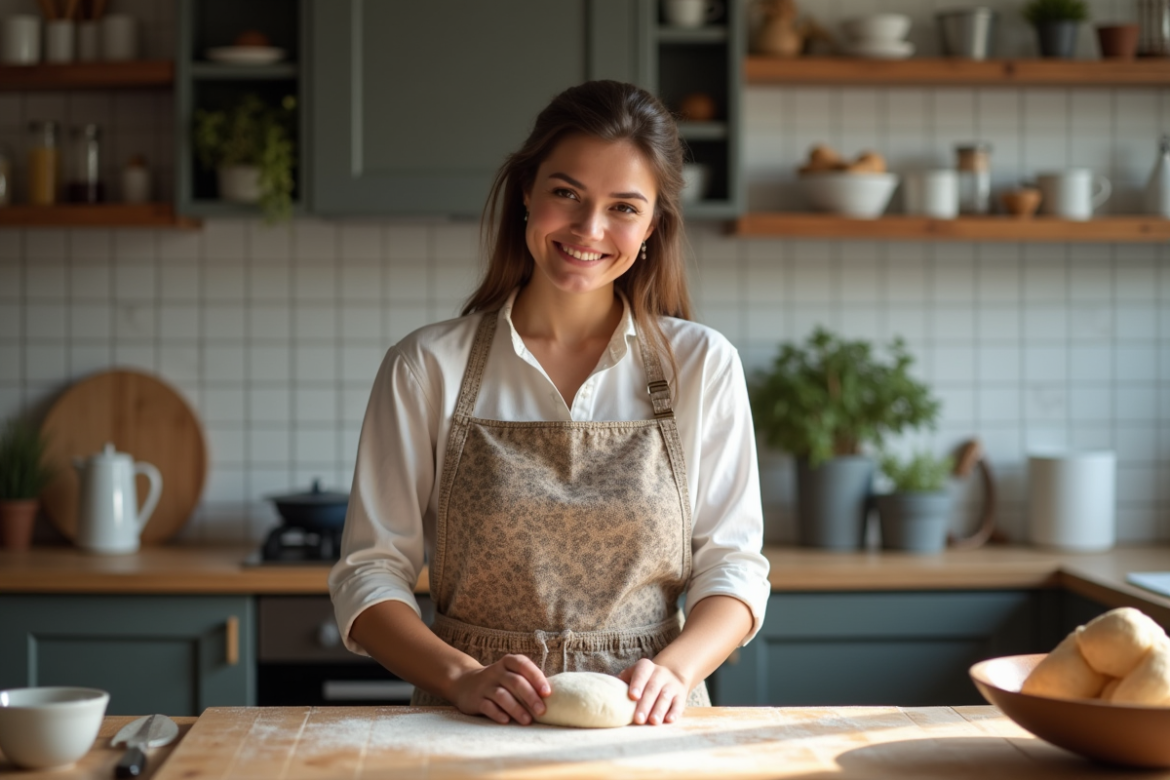 Femme en cuisine en train de pétrir la pâte à pain