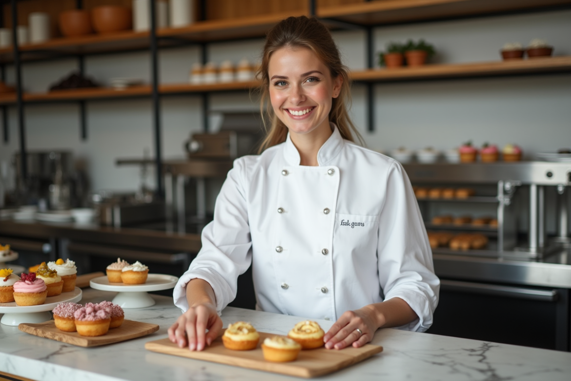 Jeune chef pâtissière souriante dans sa cuisine moderne