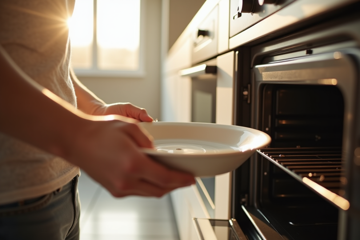 Personne vérifiant un plat en céramique dans la cuisine lumineuse