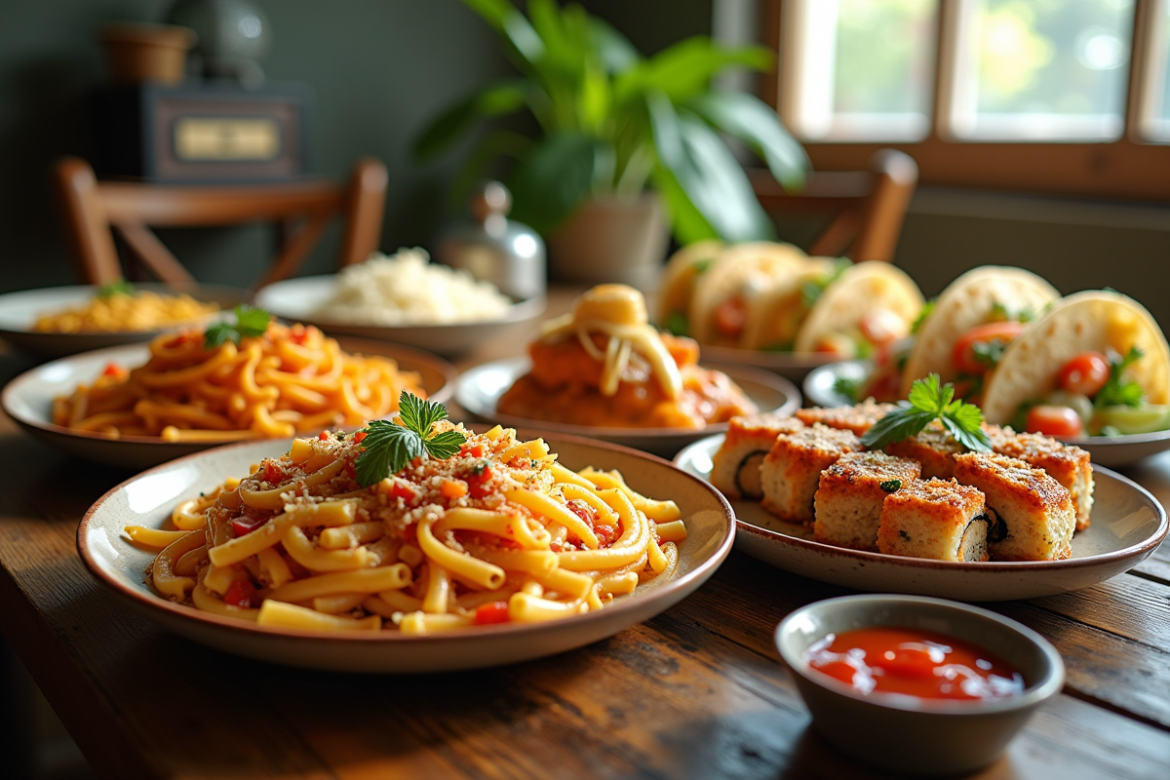 Assiette avec plats signatures du monde entier sur une table en bois
