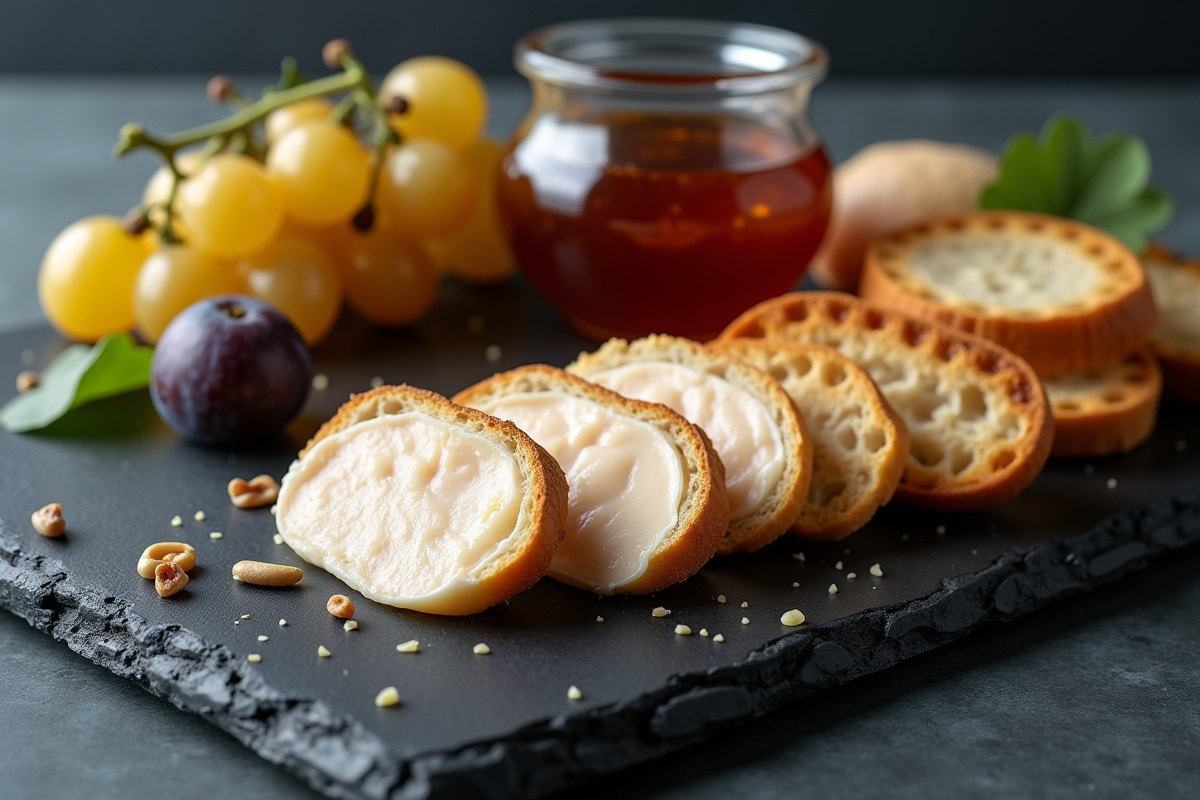 Plateau avec foie gras, brioche et raisins en lumière naturelle