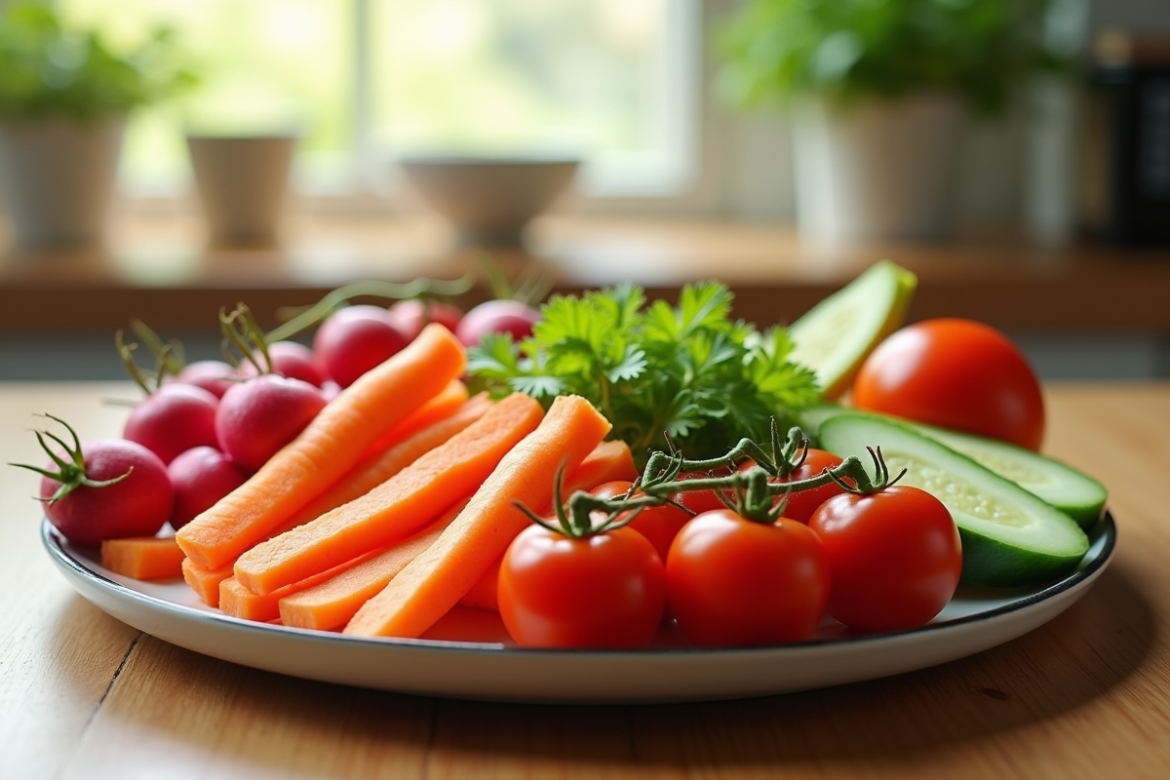 Assiette de légumes frais colorés sur une table en bois