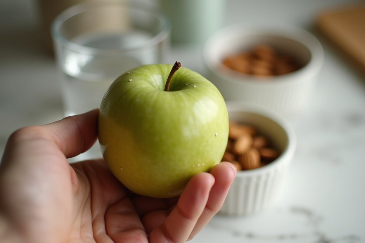 Main tenant une pomme verte au-dessus d’un plan de cuisine moderne