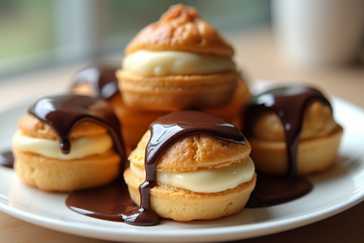 Assiette de profiteroles françaises avec sauce chocolat brillante