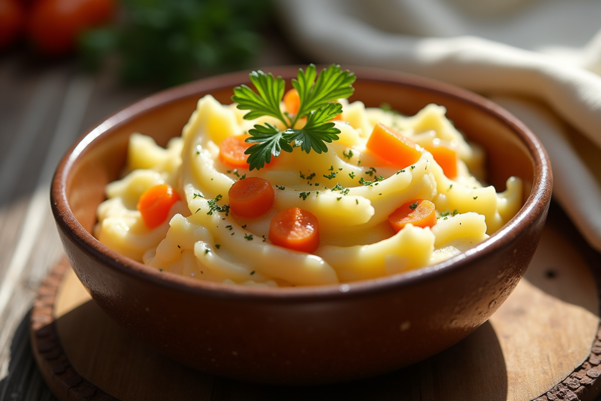 Purée de pommes de terre et carottes dans un bol en céramique