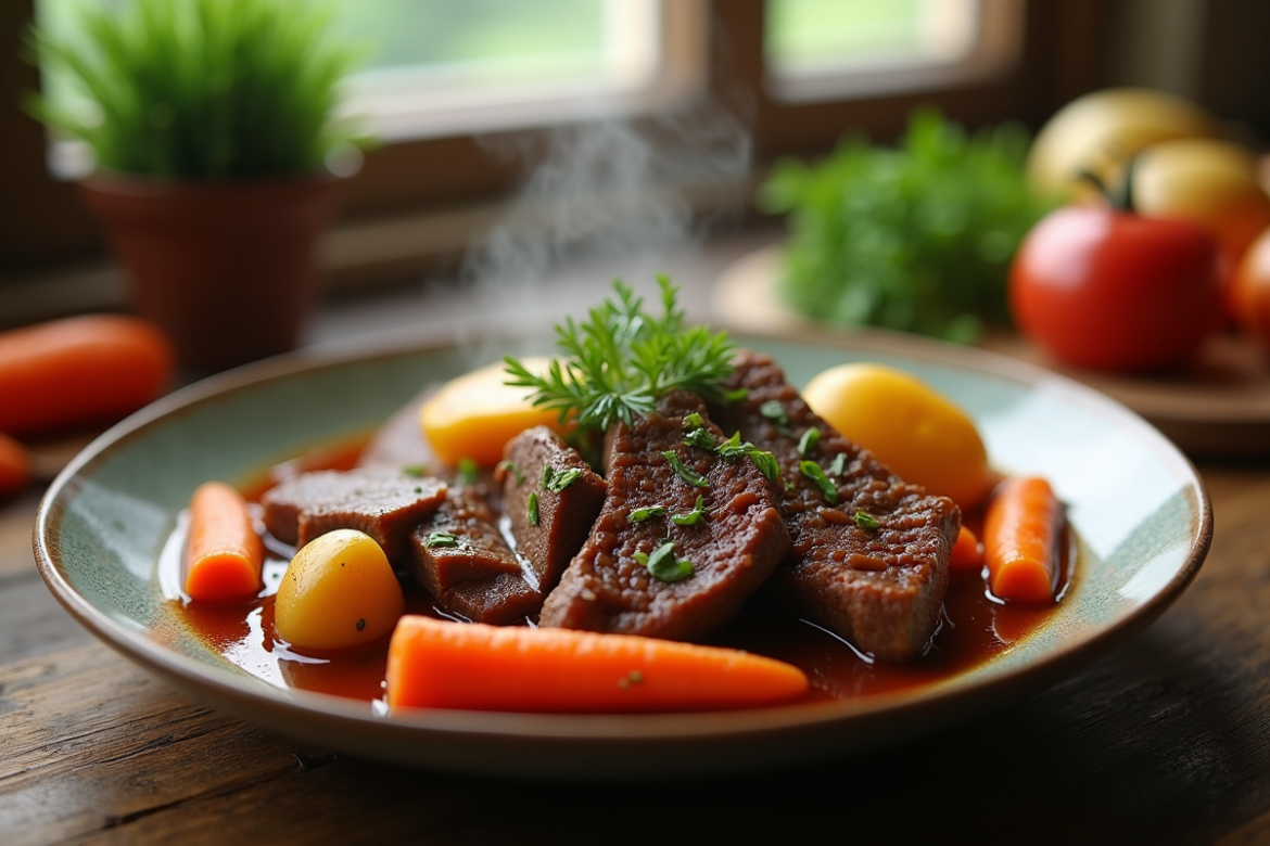 Plat de ragoût de boeuf avec légumes frais et herbes