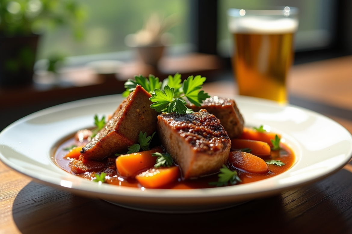 Ragoût de joue de porc en sauce bière dans une assiette rustique