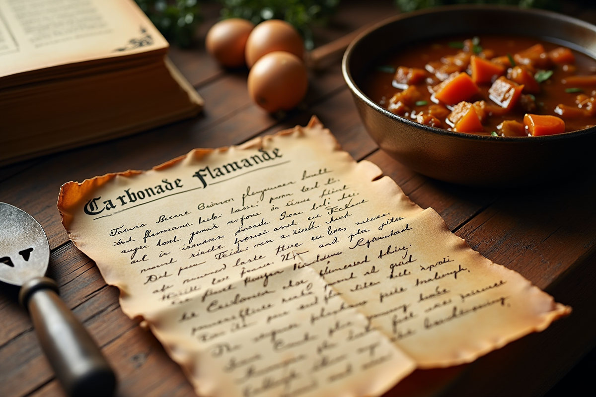 Recette ancienne de carbonade flamande sur papier ancien