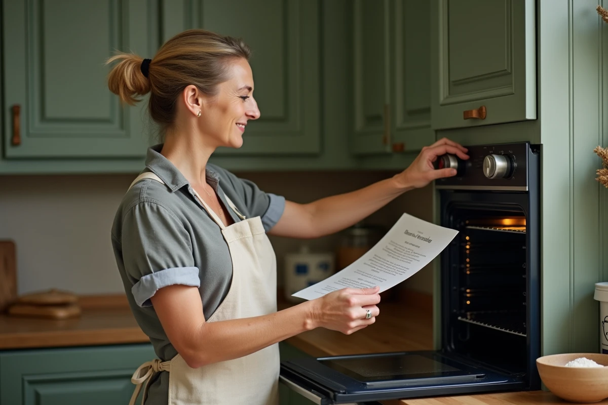 Femme réglant le thermostat de son four électrique traditionnel sur 200 degrés avant d'enfourner une recette