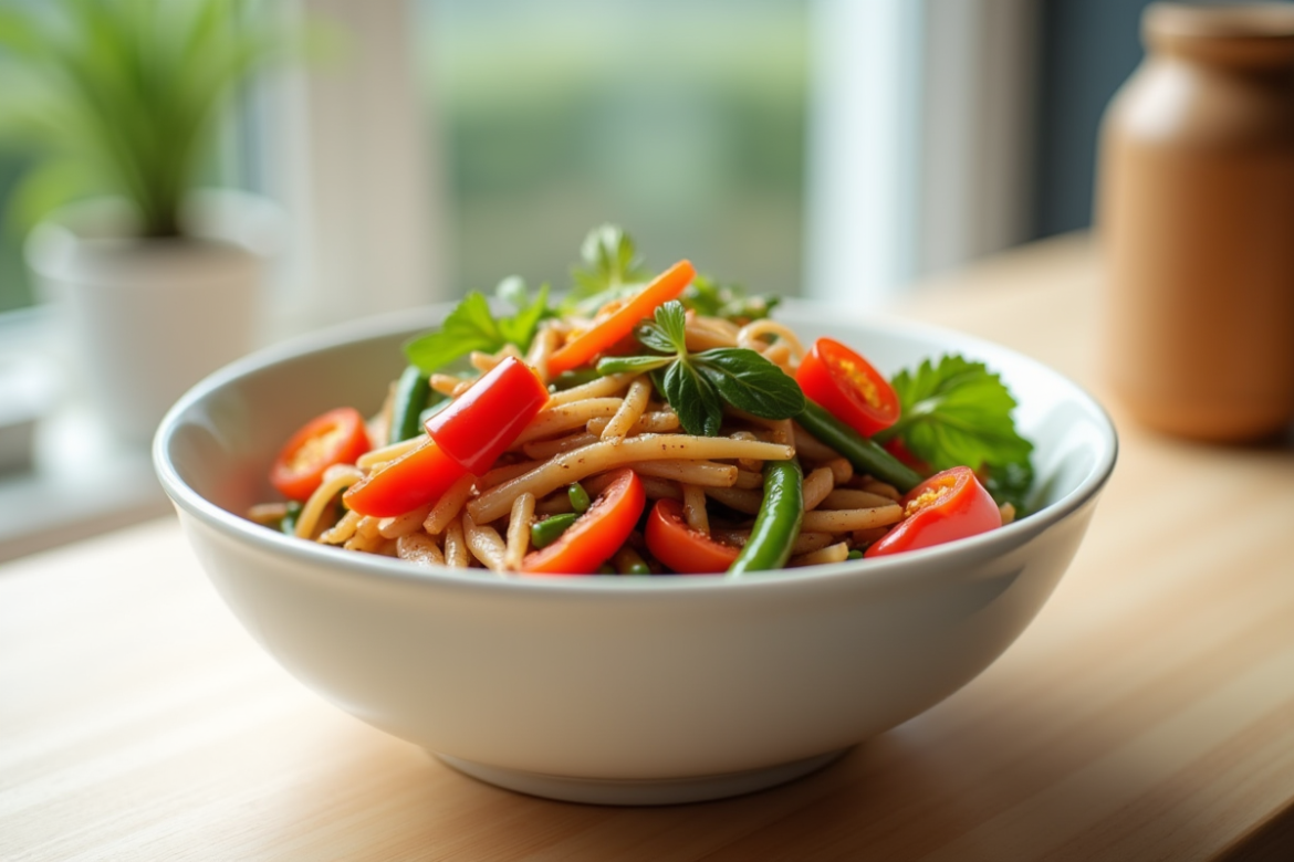 Bol de sauté de légumes jalap frais en cuisine lumineuse