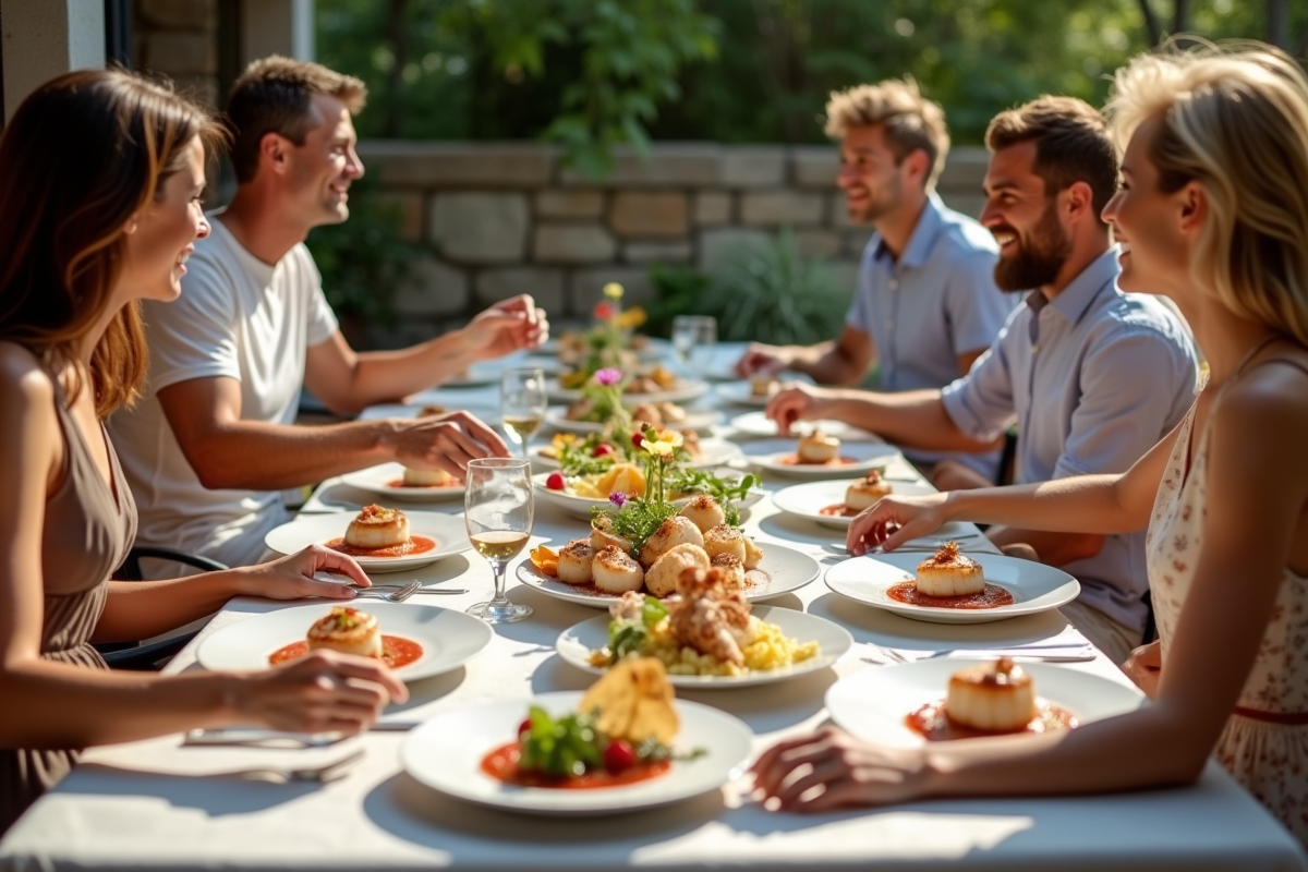 Table extérieure avec plats de coquilles Saint-Jacques et ambiance conviviale