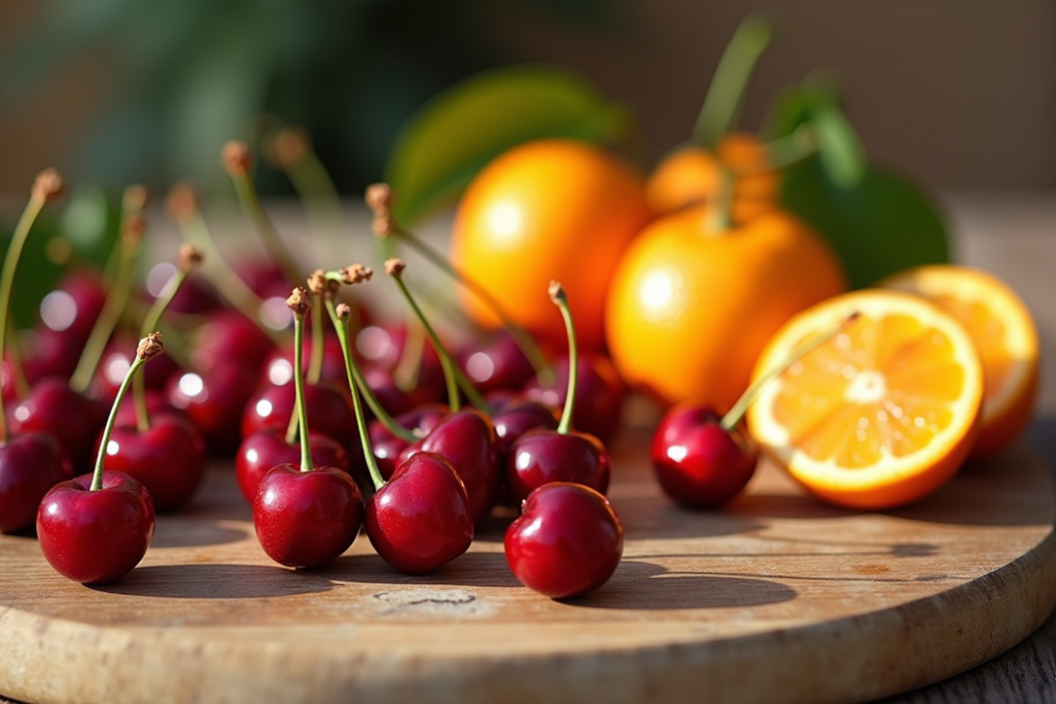 Table en bois avec cerises clementines et carambole en lumière naturelle