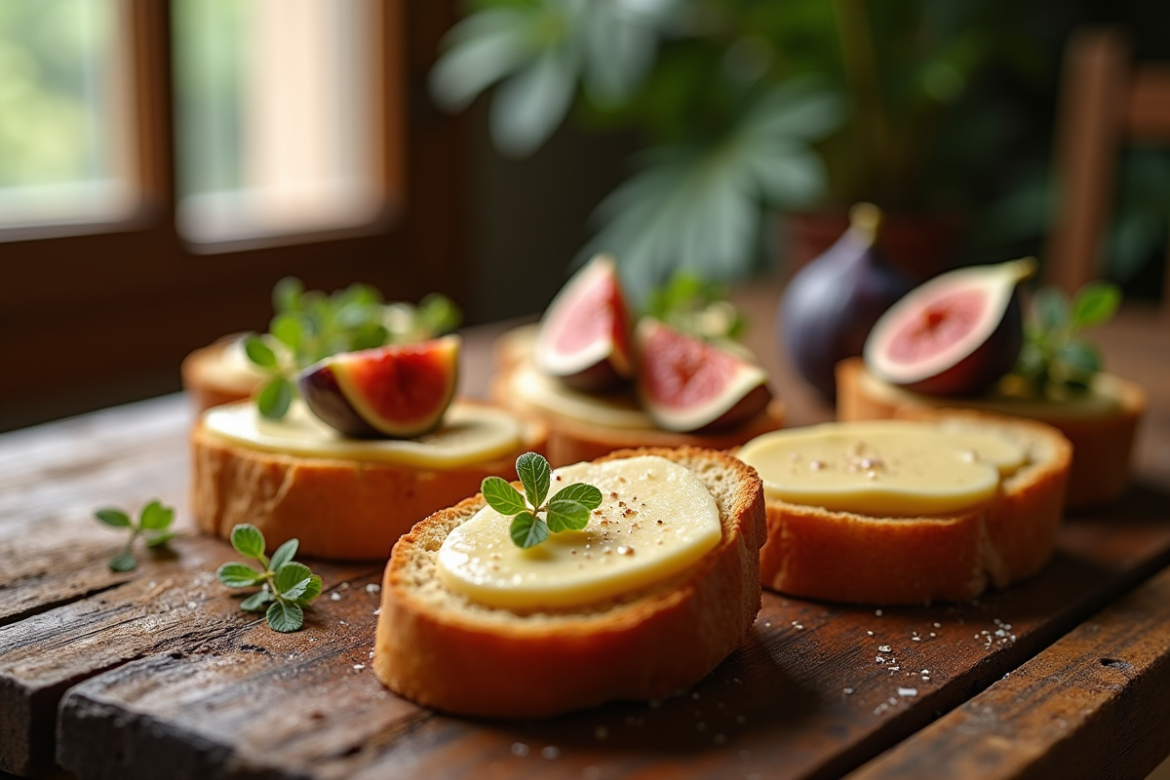 Table rustique avec pain et foie gras sur fond lumineux