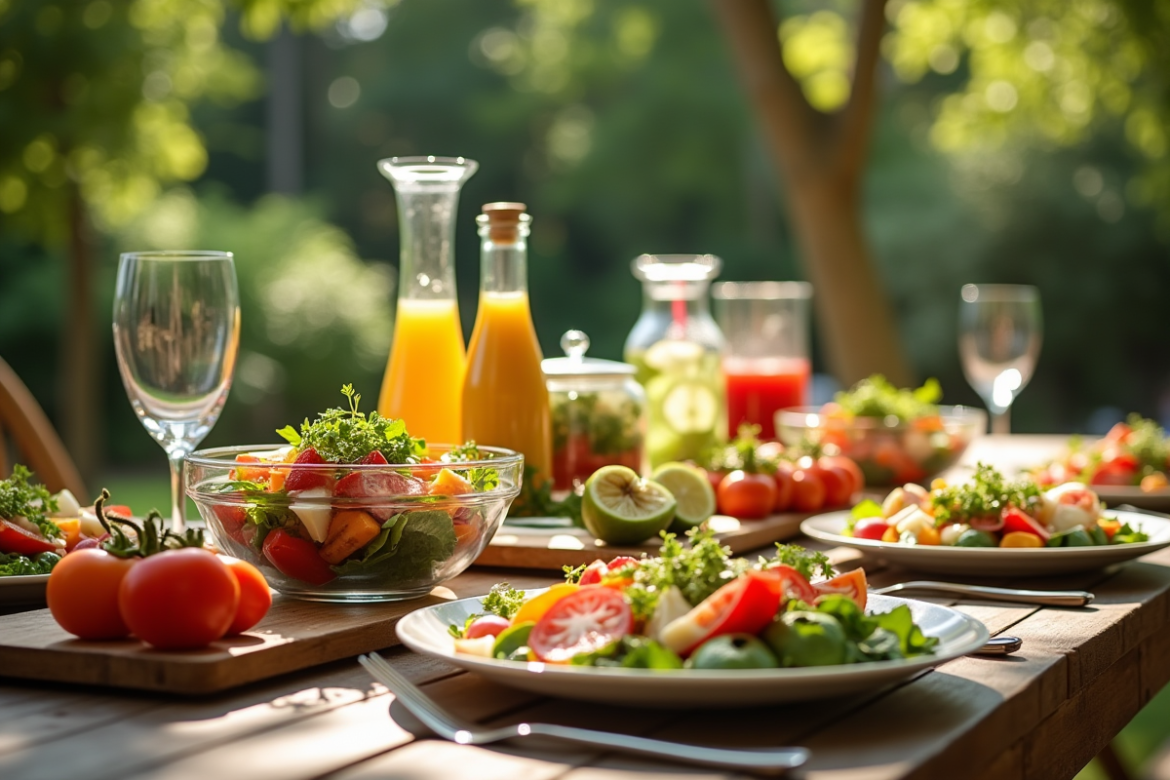 Table d'été en plein air pour pierrade avec salades colorées