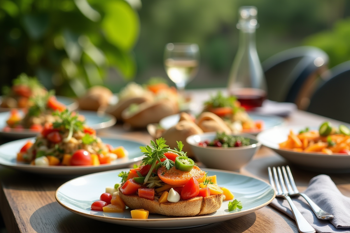Table extérieure avec plats à base de fruits J