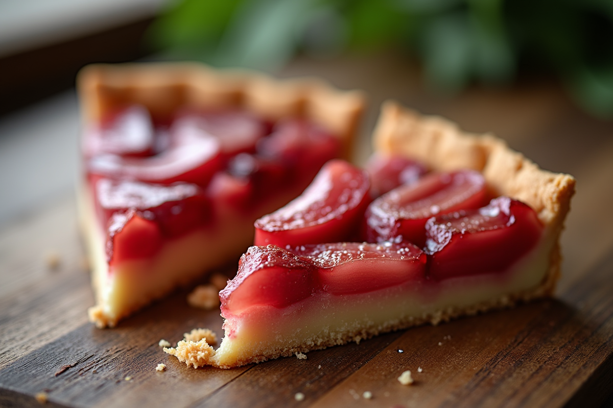 Partie de tarte à la rhubarbe sur une table en bois