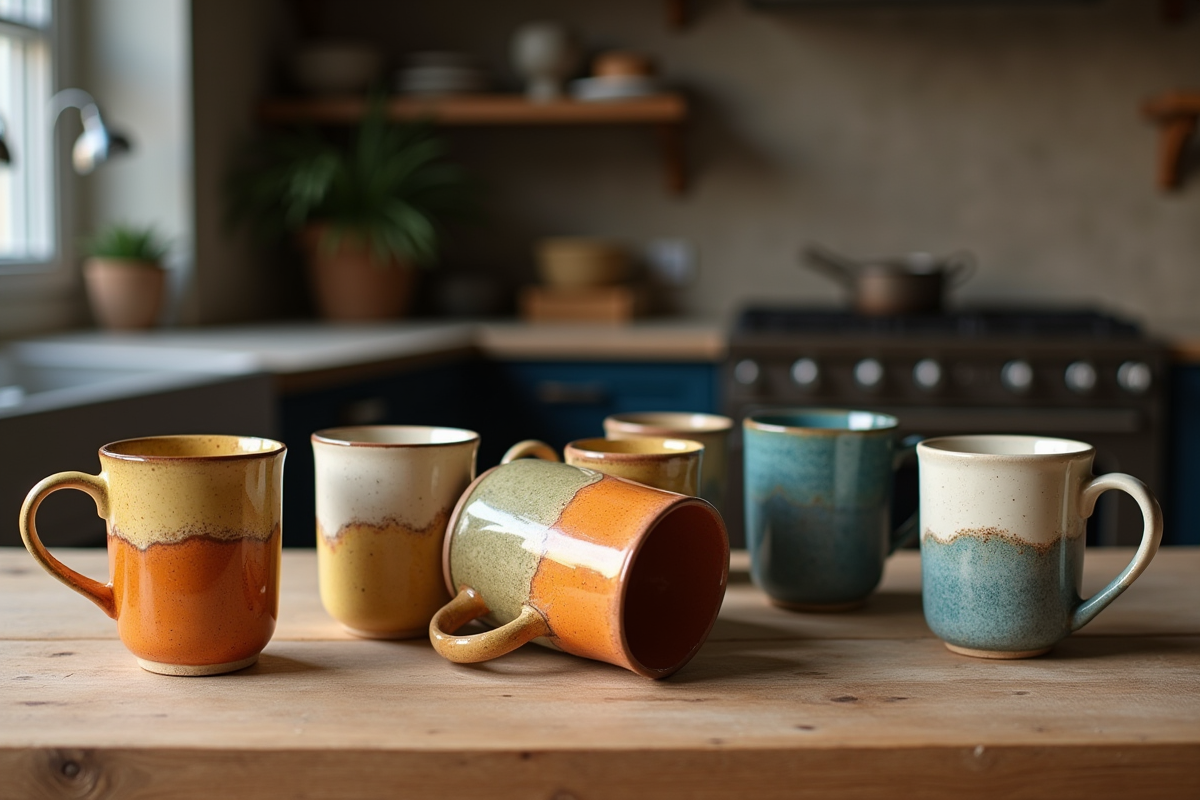 Plusieurs tasses en céramique colorées sur une table en bois