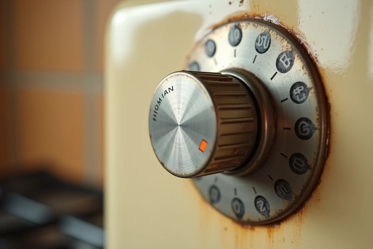 Gros plan sur le thermostat d'un four traditionnel réglé sur 200 degrés Celsius, cadran métallique crème avec graduations gravées