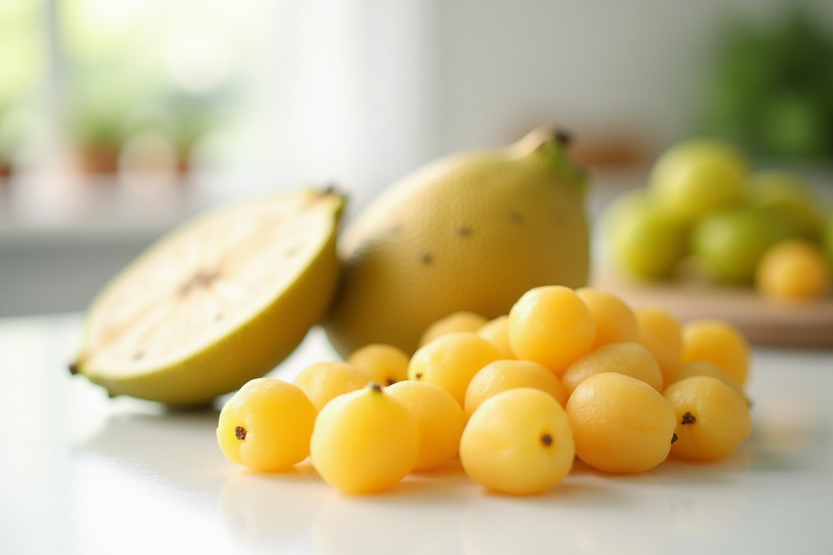 Tranchee de jackfruit et jujubes sur plan de travail blanc