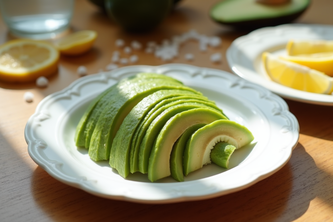 Avocat tranché sur une assiette blanche avec sel citron et eau