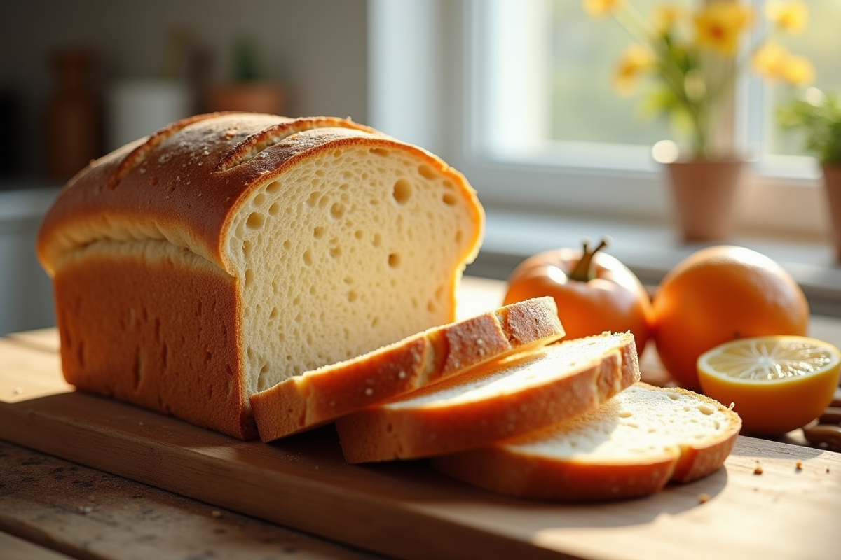 Tranches de pain de campagne sur une table en cuisine