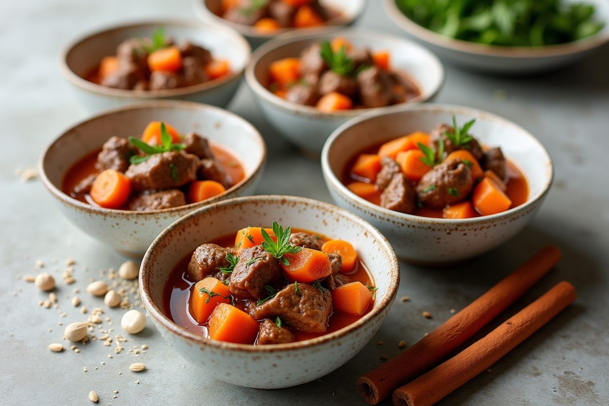 Différentes variations de ragoût de boeuf en petits bols