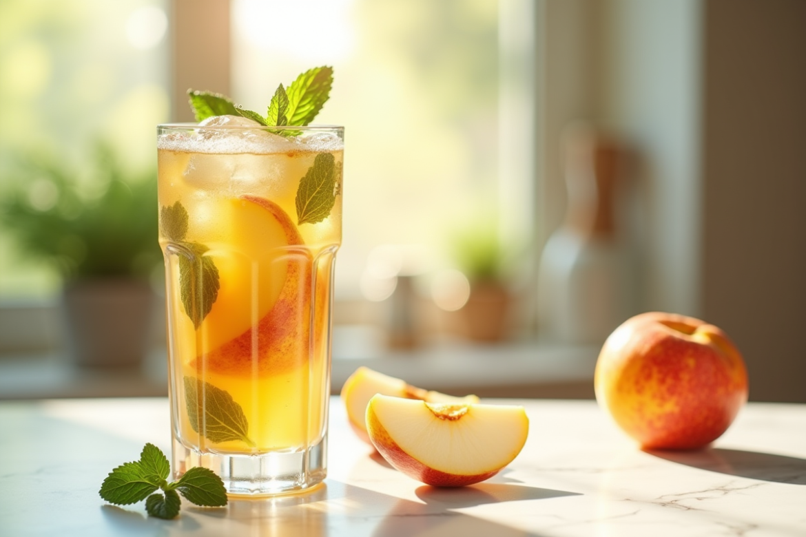 Verre rafraichissant de boisson ete avec nashi et nectarines