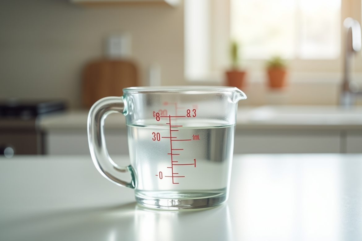 Verre mesureur rempli à 30 ml sur plan de cuisine lumineux