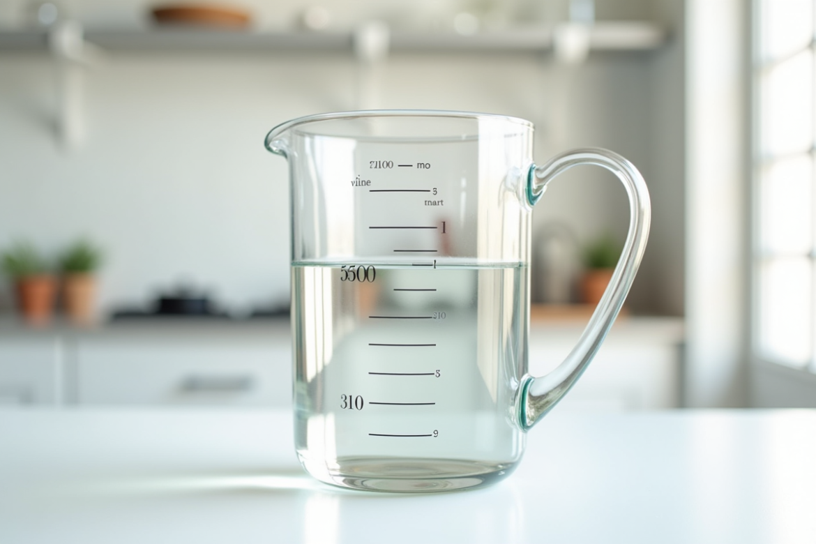 Verre mesureur rempli à 500 ml sur plan de travail lumineux