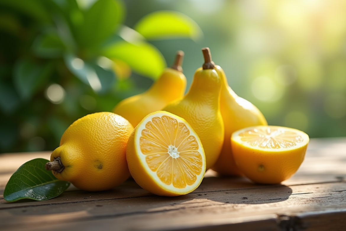 Yuzu et fruit du dragon jaunes sur table en bois naturel